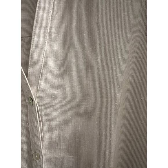 Tahari Tan White Micro Striped Linen Blend Button Up Tunic Top Sz M Side Slits - Picture 2 of 6